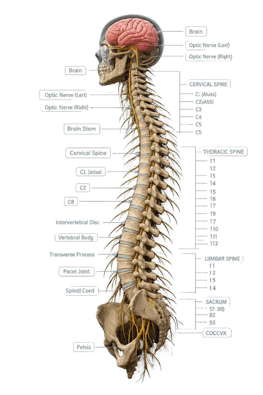 Detailed anatomical illustration of the human skull, brain, optic nerves, spinal column, spinal cord, and nervous system.